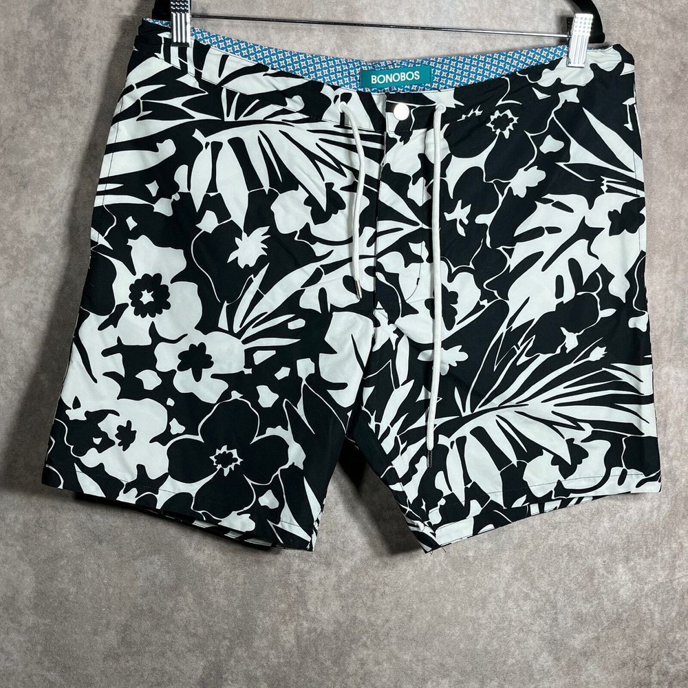 Bonobos Swim Trunks Mens Size 35 Black White Floral Drawstring Lined Pockets